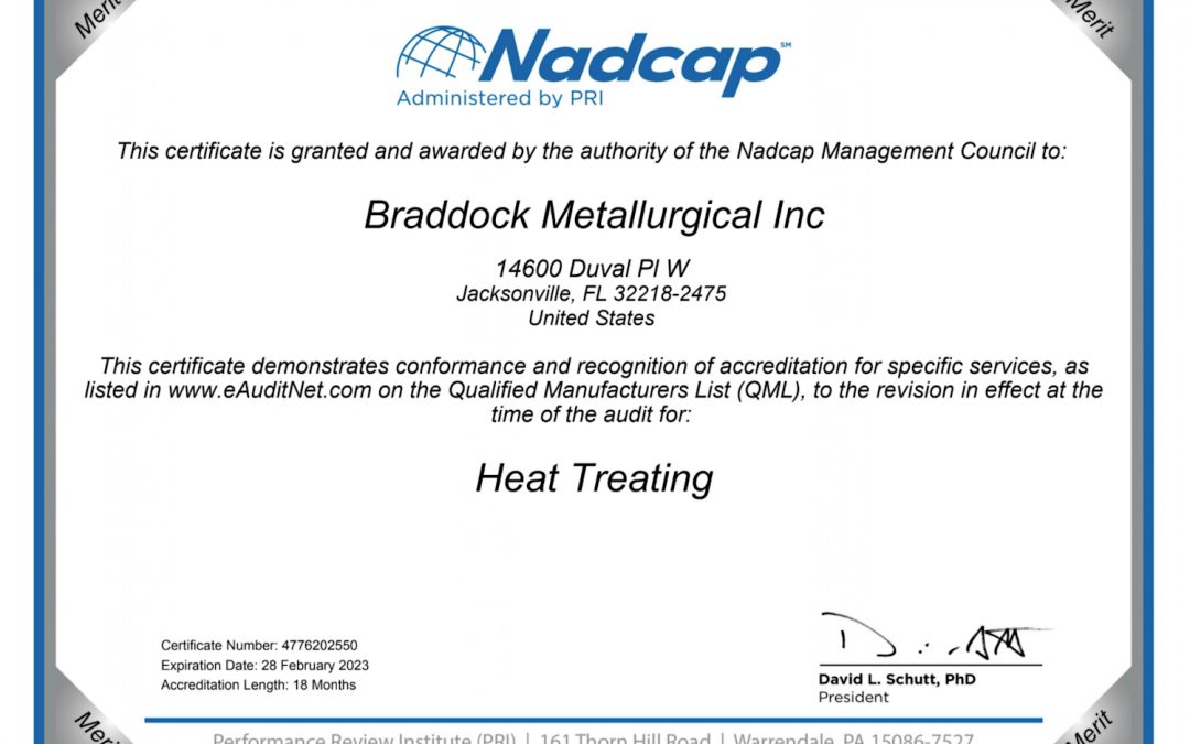 Braddock Metallurgical, Jacksonville, Florida Recived Nadcap Accreditation