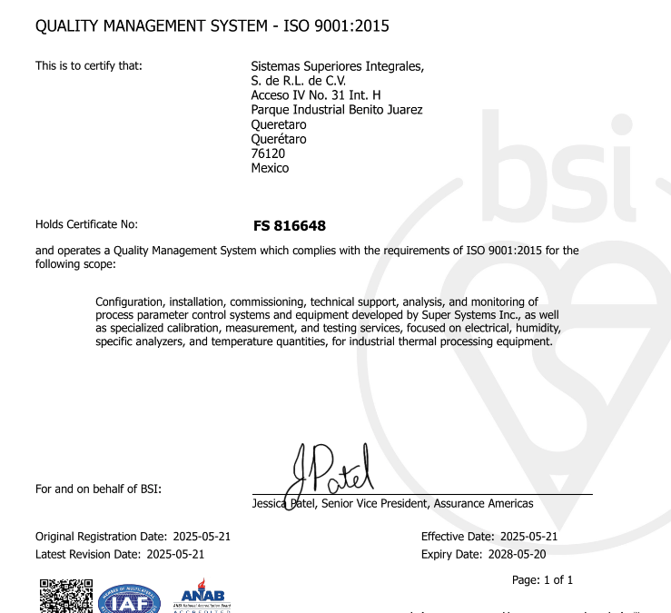 Super Systems Mexico Achieves ISO 9001:2015 Certification