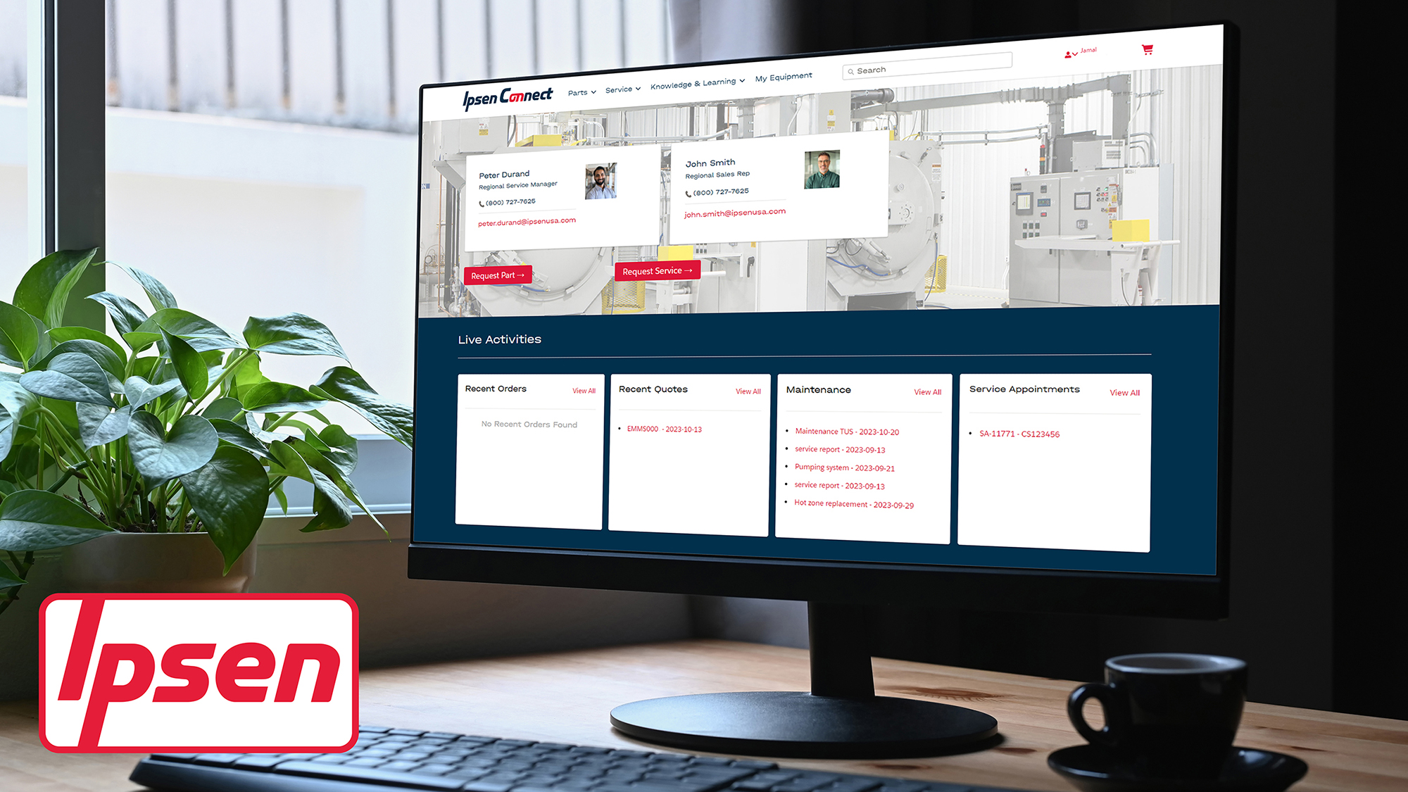 Simple workplace with computer pc, coffee cup and potted plant o